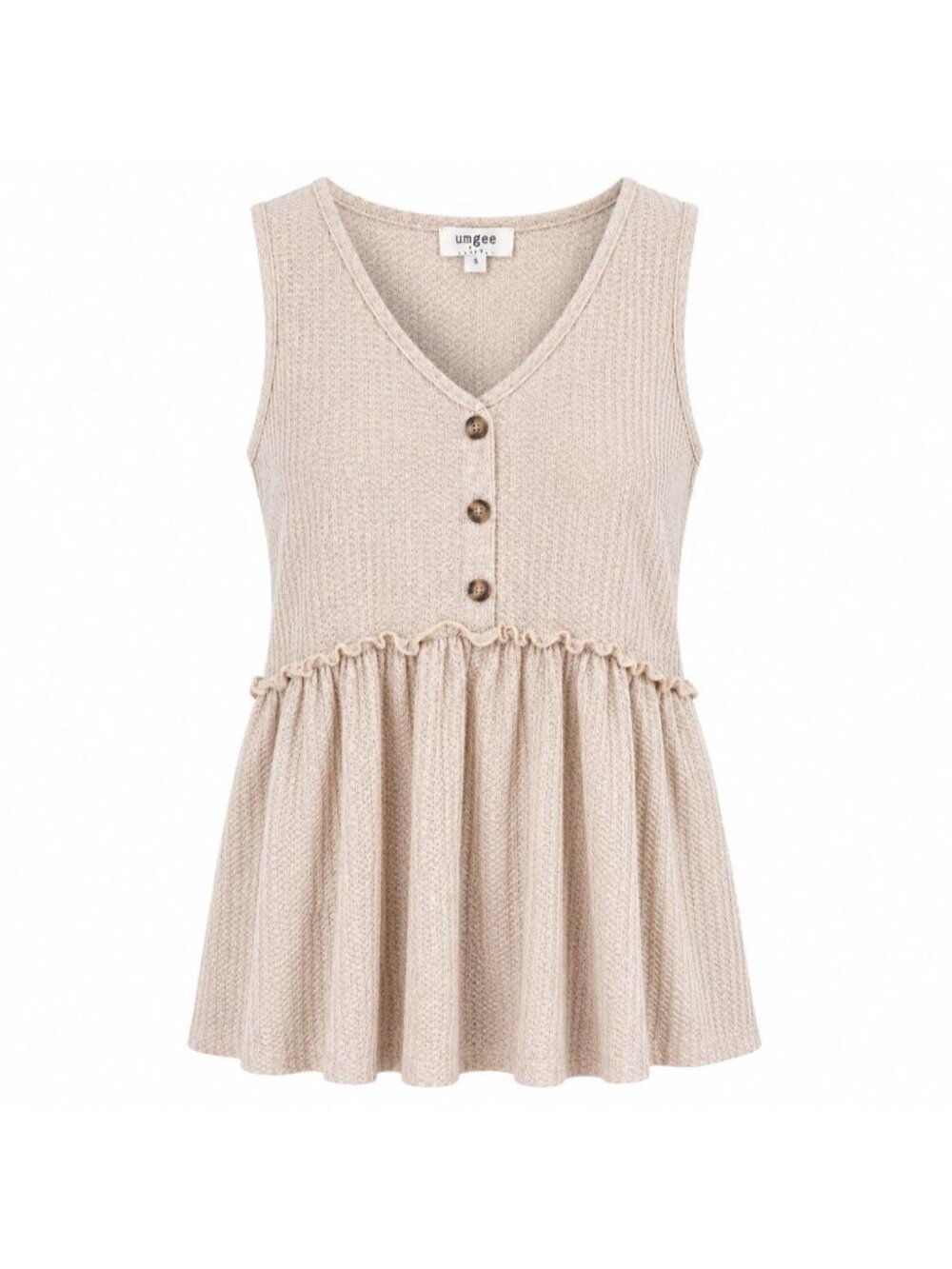 Umgee USA Women’s Waffle Knit Babydoll Tank Top Beige Sleeveless Tunic Small